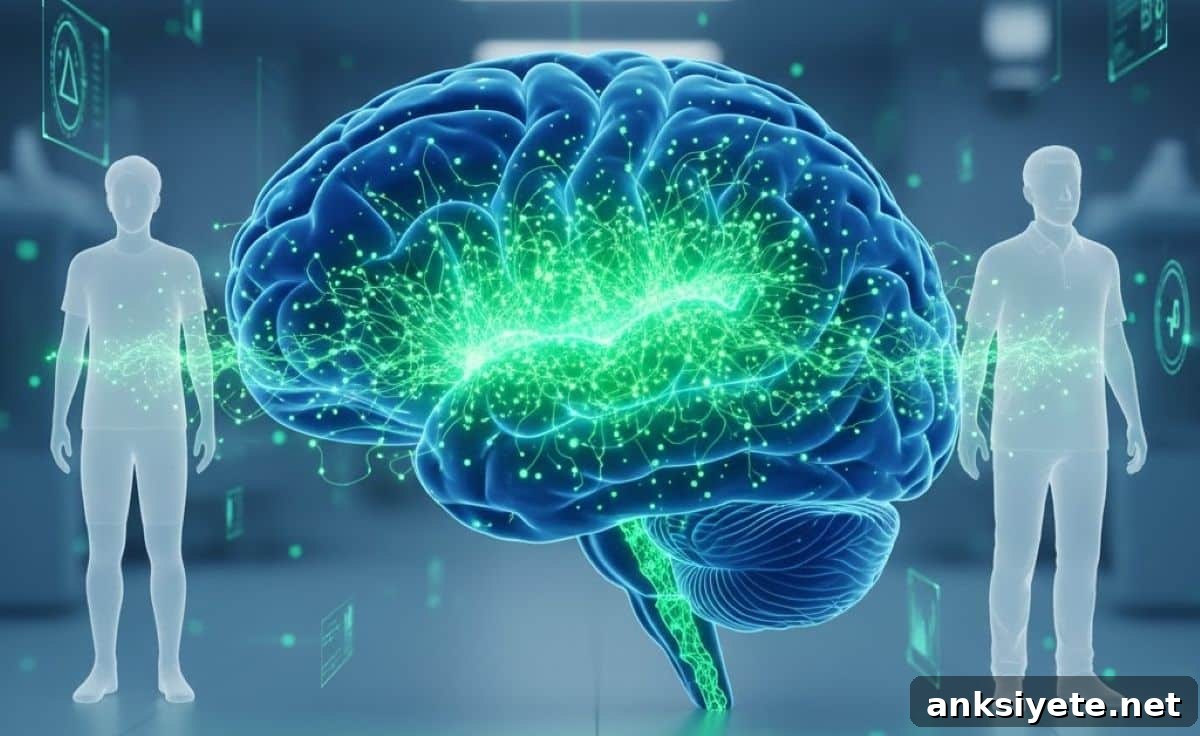 This shows a brain and the shadows of an older and a younger person.
