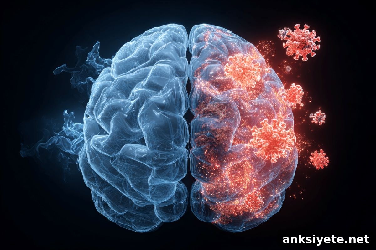 This shows a brain surrounded by the COVID virus