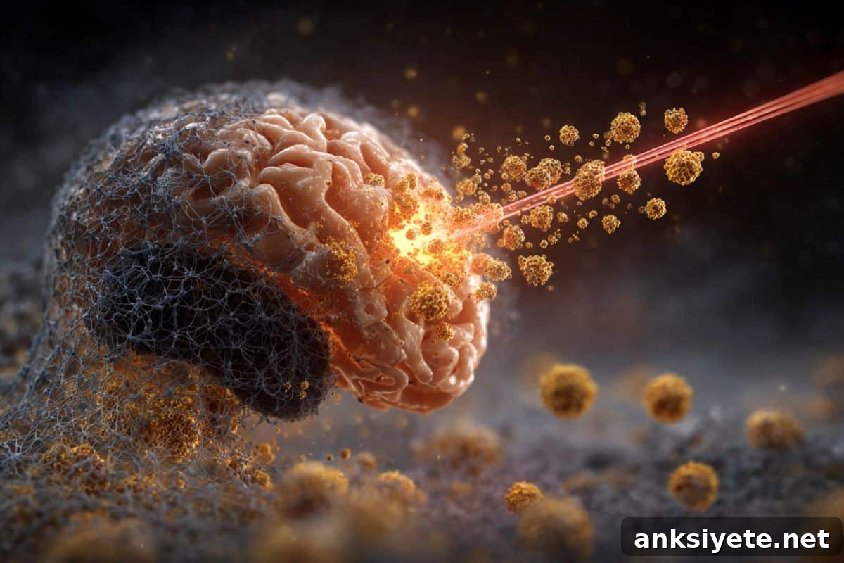 This shows a brain with cancer cells being blasted away by a laser.