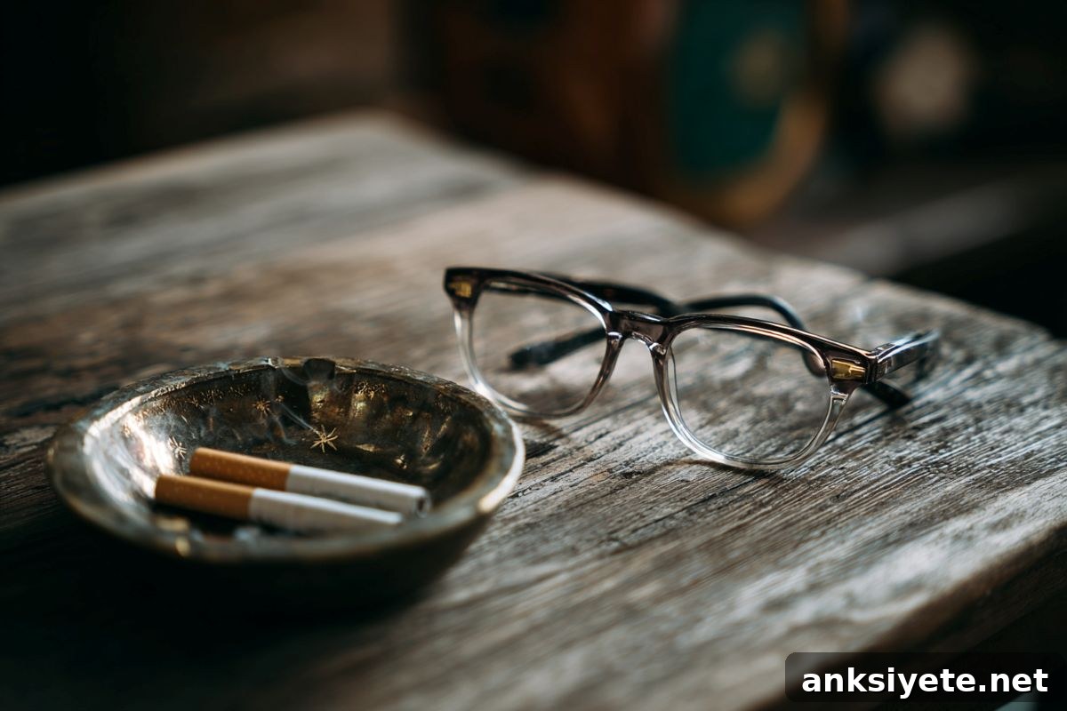 Smoking Linked to Faster Epigenetic Aging in the Eyes 2 This shows a pair of eye glasses next to an ashtray, symbolizing the connection between smoking and AMD.