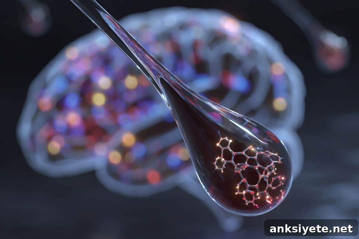 This shows a blood drop with a molecule inside it. Behind is a colorful brain.