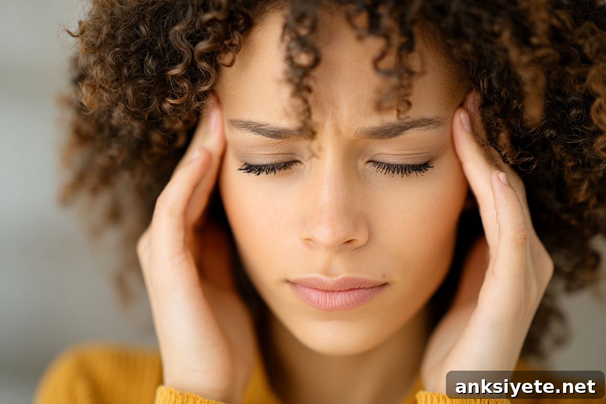 This shows a woman holding her head in pain.