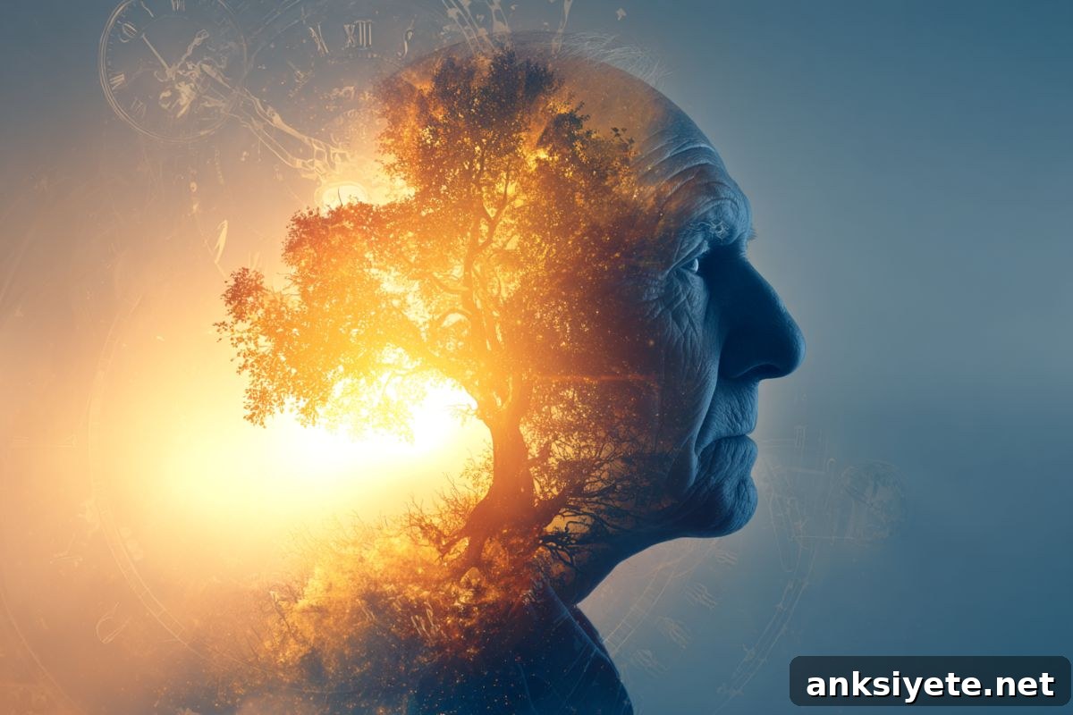 This shows the outline of an older person's head and a clock.