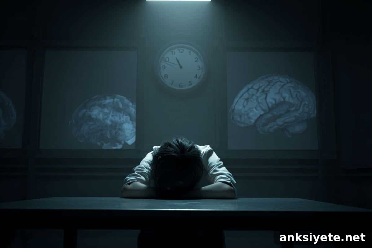 This shows a person in an interrogation room late at night. Brains are behind him.