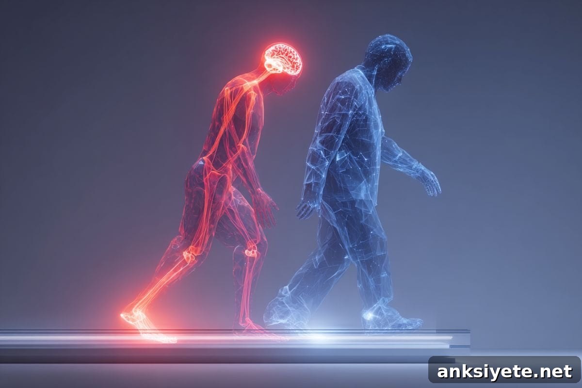 This shows a person stumbling and one walking.