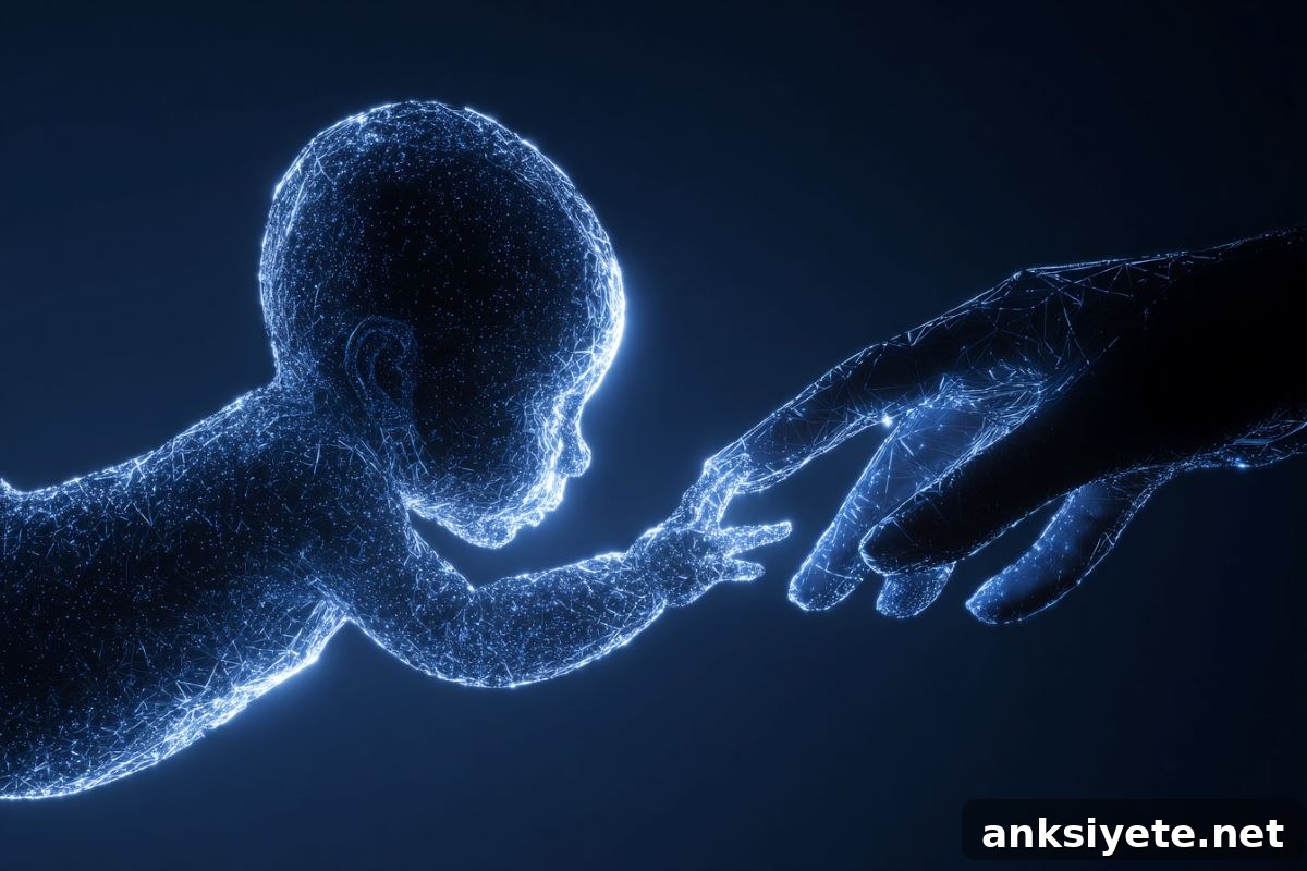 This shows the outline of a baby touching a hand.