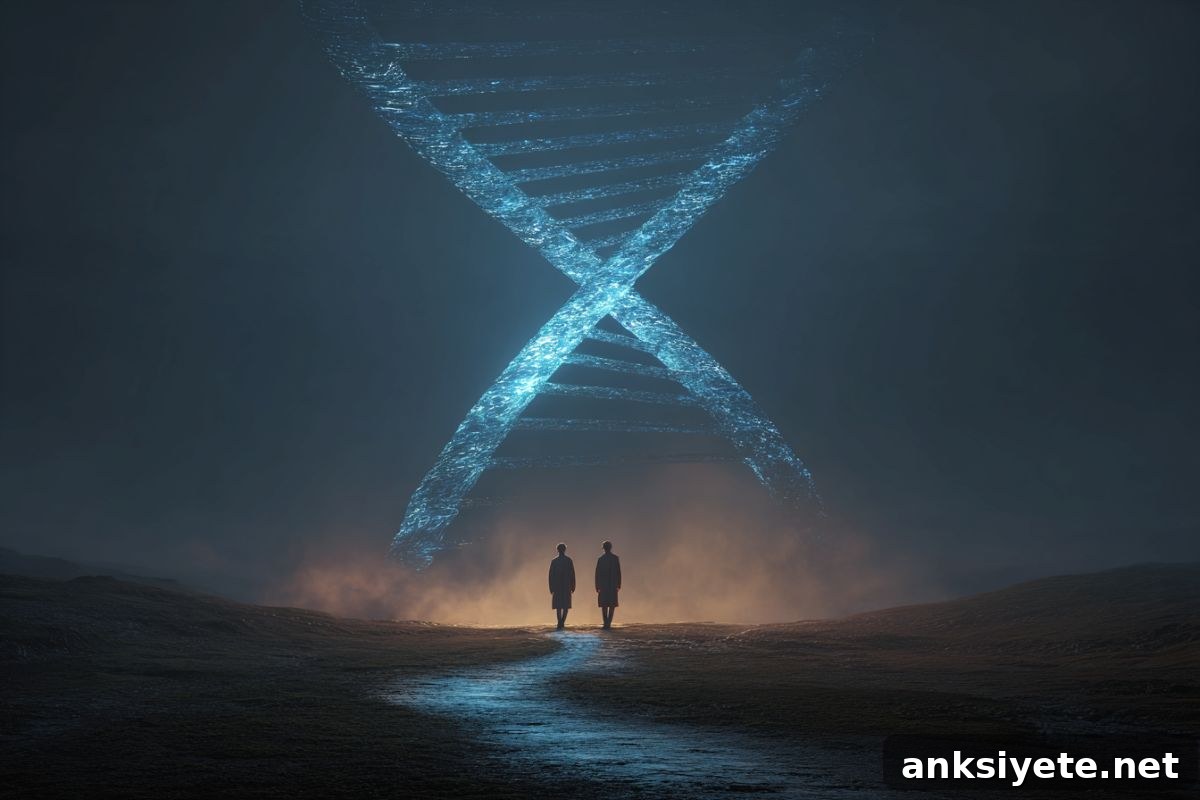 This shows a DNA double helix and a pair of twins.