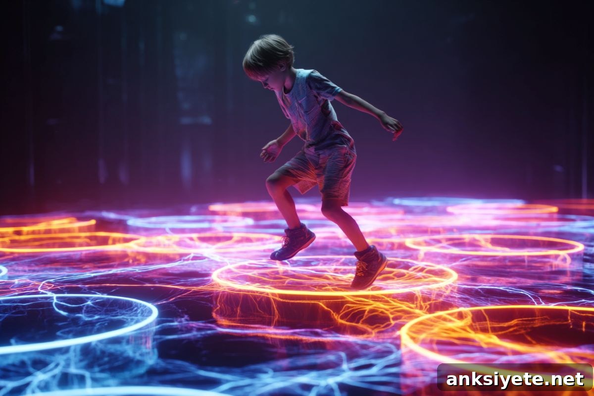 This shows a child jumping on light up blocks.