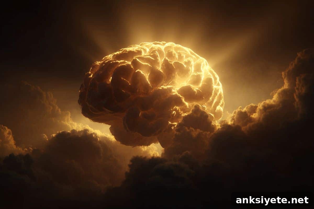 This shows a sunlit brain emerging from dark, stormy clouds.