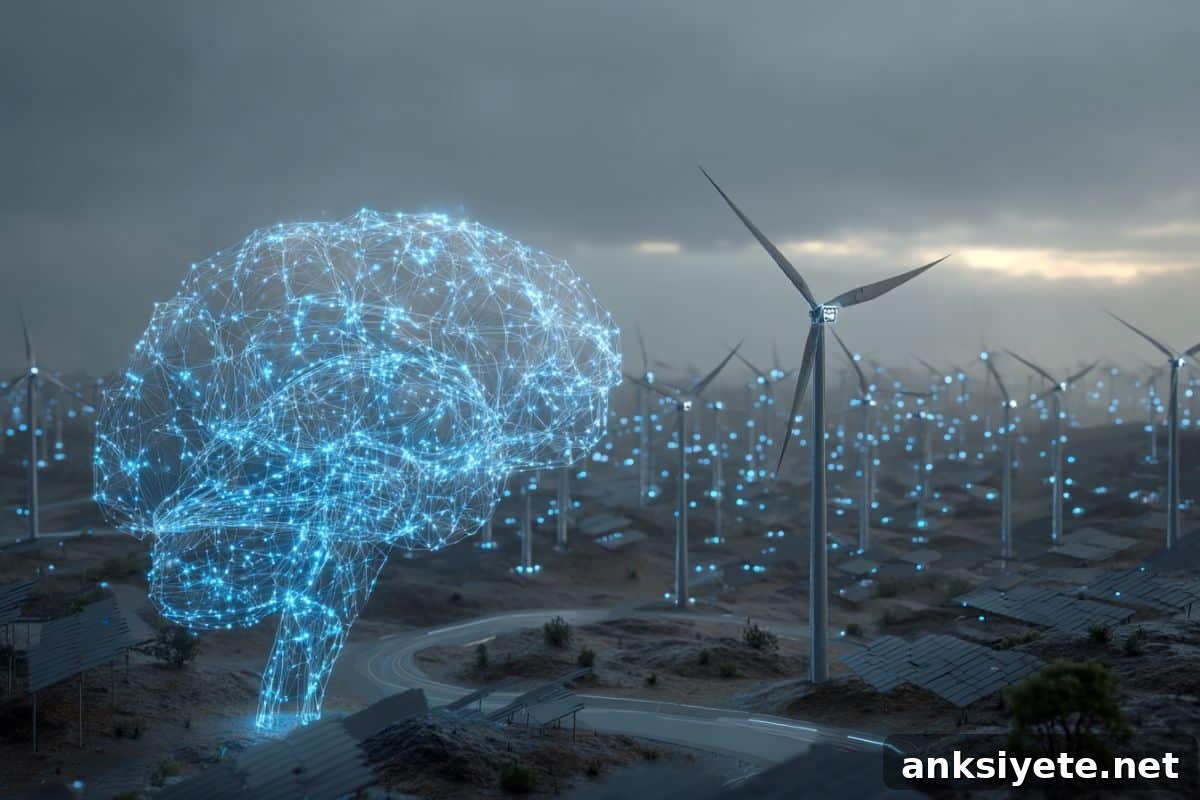 This shows a node based brain and wind turbines.