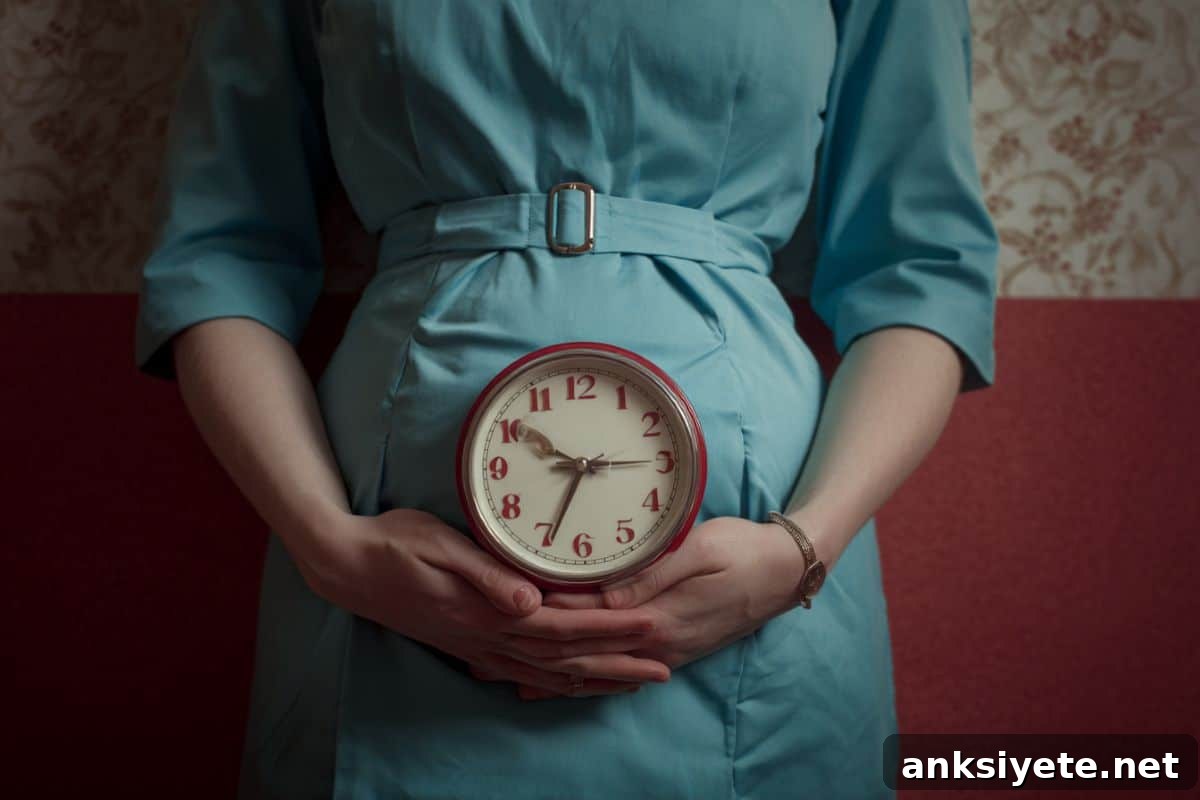 This shows a pregnant woman holding a clock.