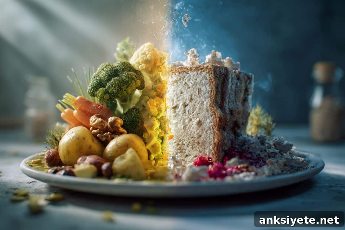 This shows a plate, half filled with plant based foods, the other filled with cake and junk food.