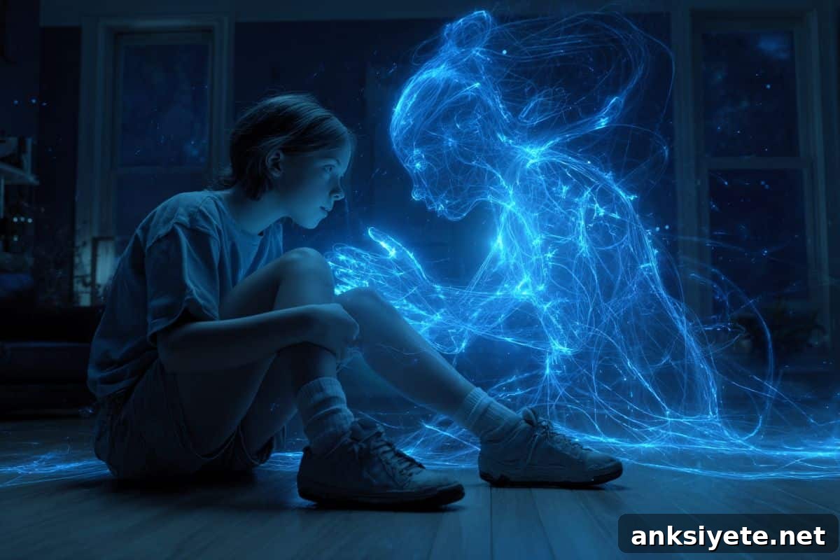 This shows a digital body reaching for a teen.