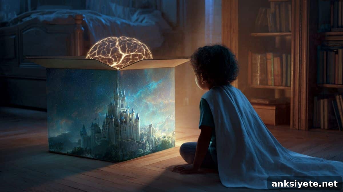 This shows a child in a cape looking at an imaginary castle and a brain.