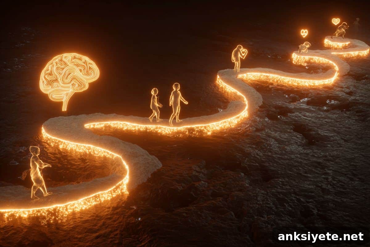 This shows a brain and people of different ages walking on a path toward it.