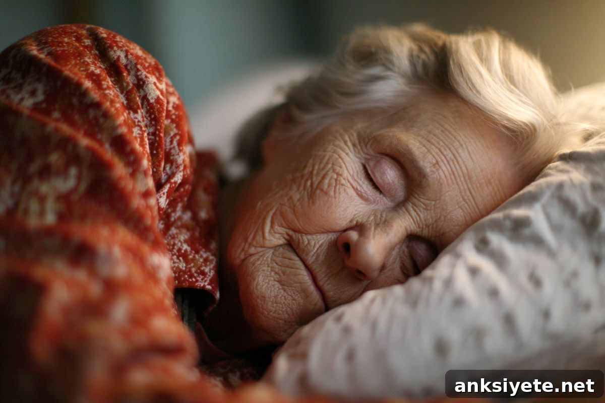 This shows a sleeping older woman.