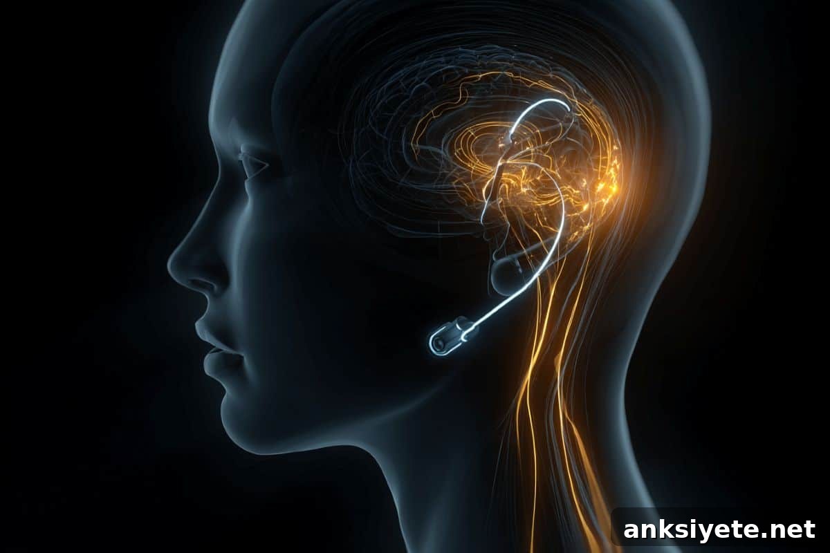 Ear Vagus Nerve Stimulation Boosts Motor Cortex Activity 2 This shows a head with the brain highlighted in golden shades and the implant.