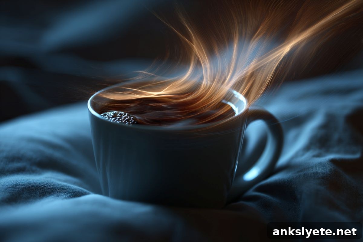 This shows a cup of coffee on a bed.