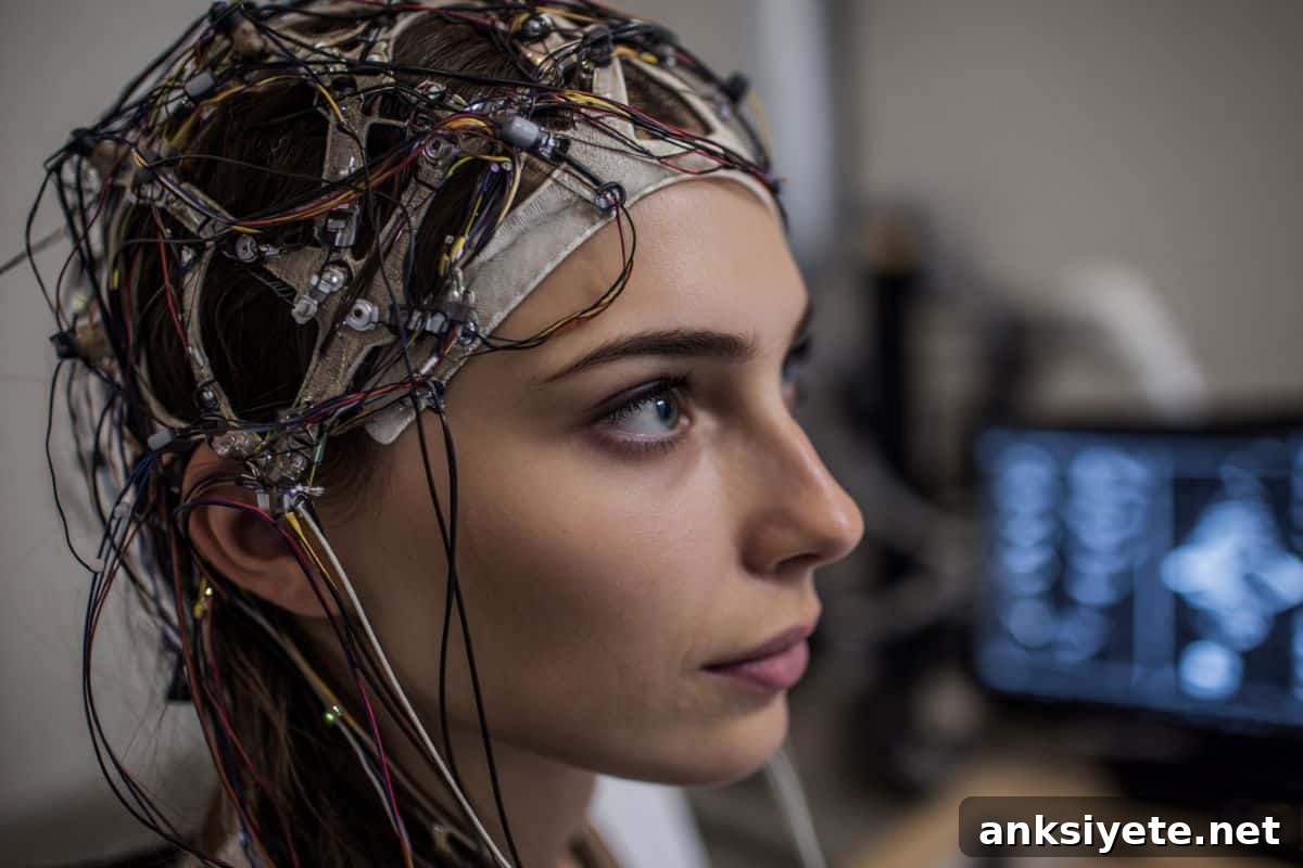 This shows a woman in an EEG cap.