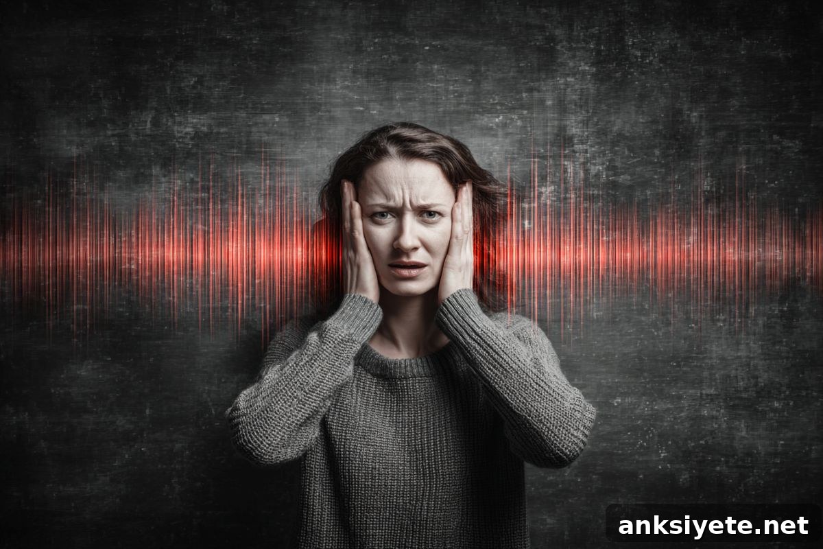 This shows a woman holding her ears, surrounded by sound waves.