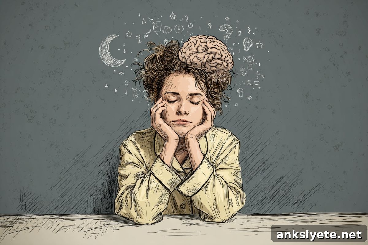 A tired person and a brain graphic illustrating sleep and white matter lesions