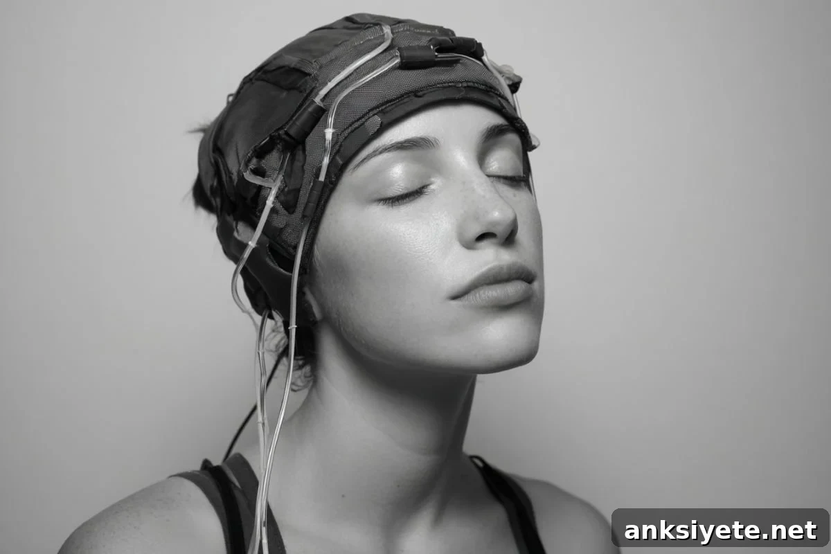 Woman wearing liquid-circulating cooling headcap during study