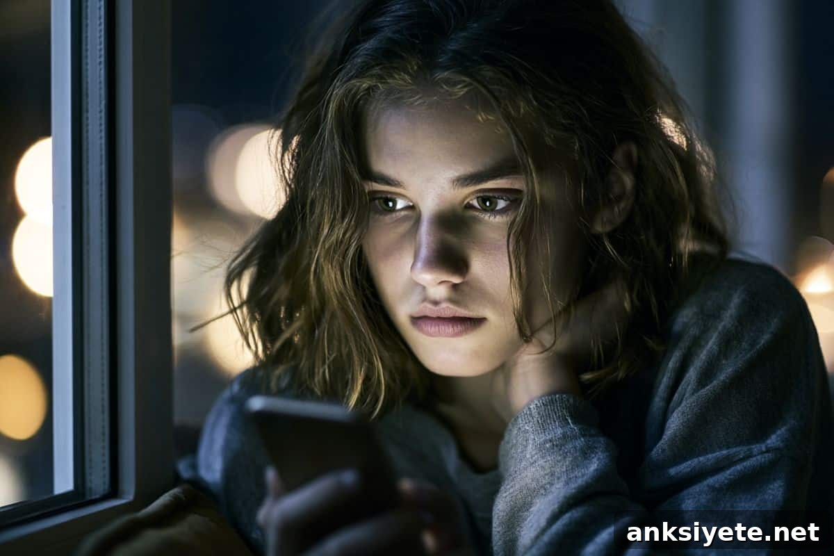This shows a sad teen on her cell phone.