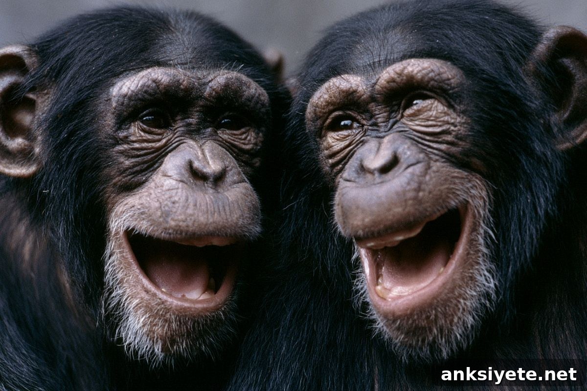 This shows two chimps laughing.