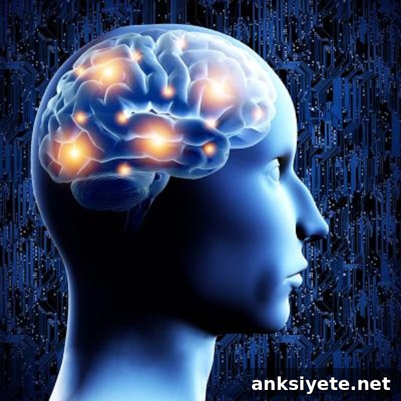 The image shows the outline of a human head with the brain filled with lights.