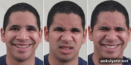 The image shows a person making three different facial expressions.