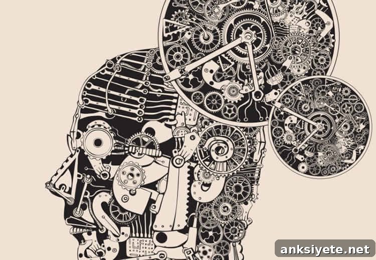 This image shows a drawning of a human head with cog wheel and other clock parts inside of it.
