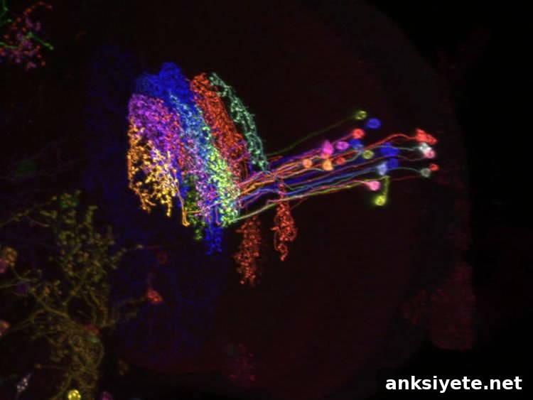 This image shows the newly discovered neuron in rainbow colors.
