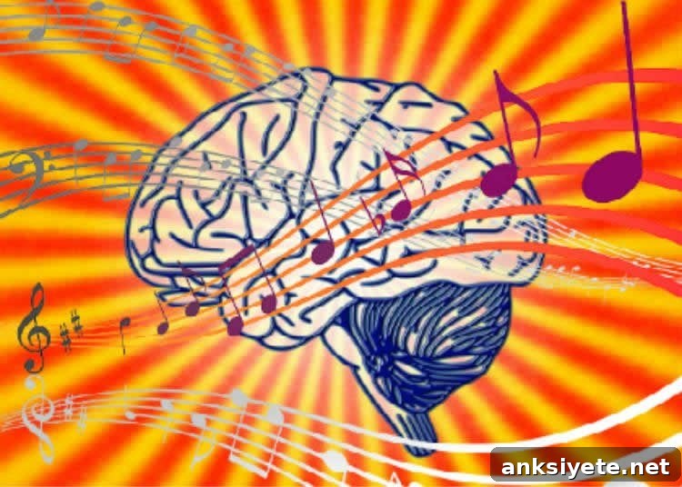 This image shows a brain covered in musical notes.