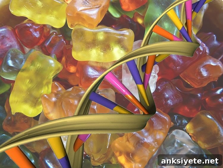 This graph shows gummy bears and a strand of DNA.