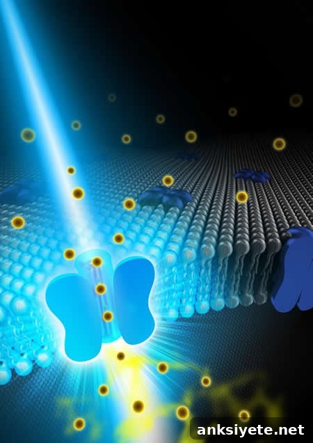 This shows a blue background with yellow balls hitting a Ca2+ channel.