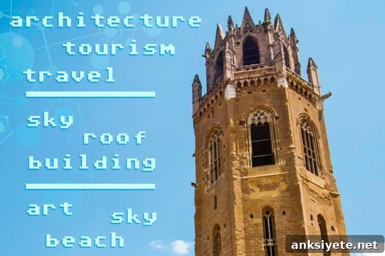 Image of a tower surrounded by words such as sky and roof.