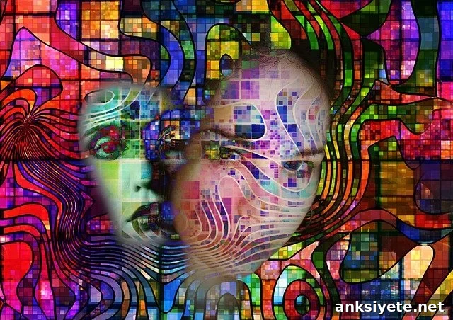 colorful blocks surround a person's face.