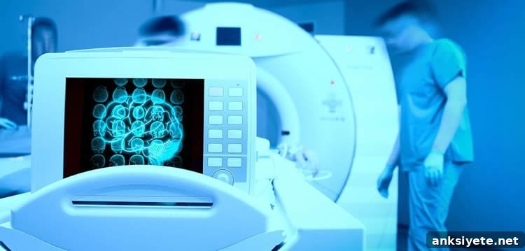 Image of an MRI machine with a brain scan on a computer monitor.