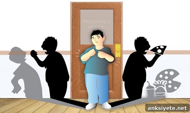 Cartoon of a person coming out of a door. To the right his shadow is eating pizza, to the left, he is shouting at another person.