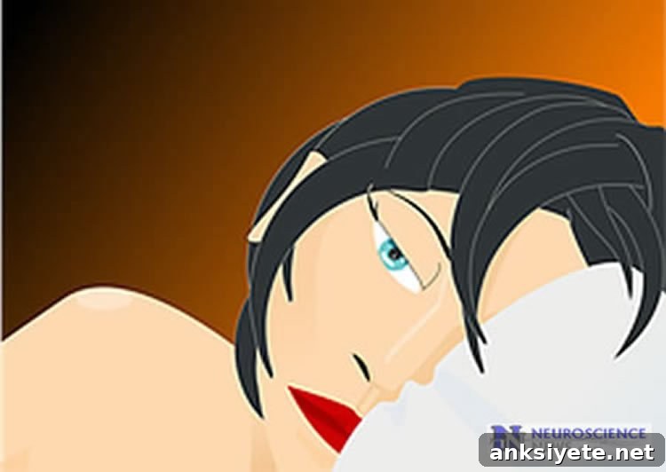 Image shows a woman laying awake in bed.