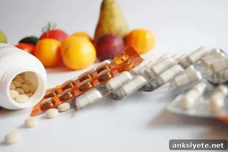 Image shows vitamin pills and fruits.