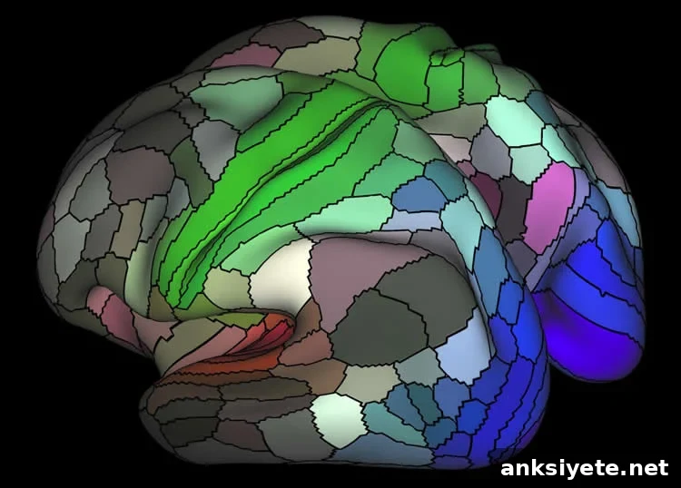 Brain map showing distinct cortical areas for hearing, touch, vision, and cognitive systems