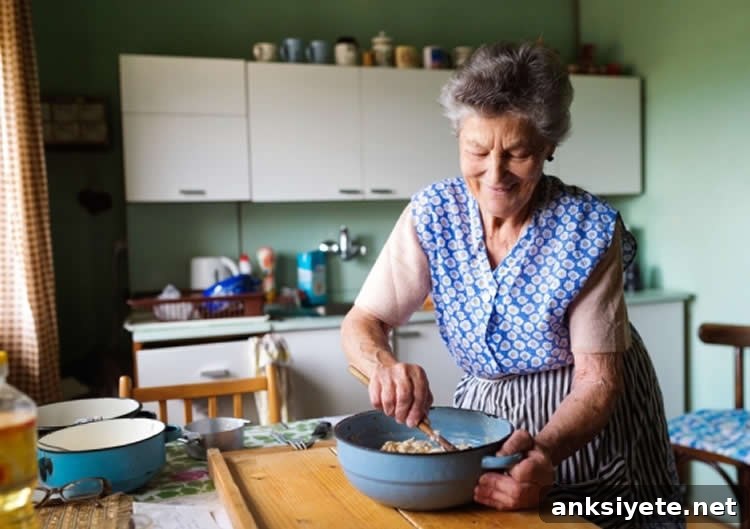 Image shows an old lady baking.