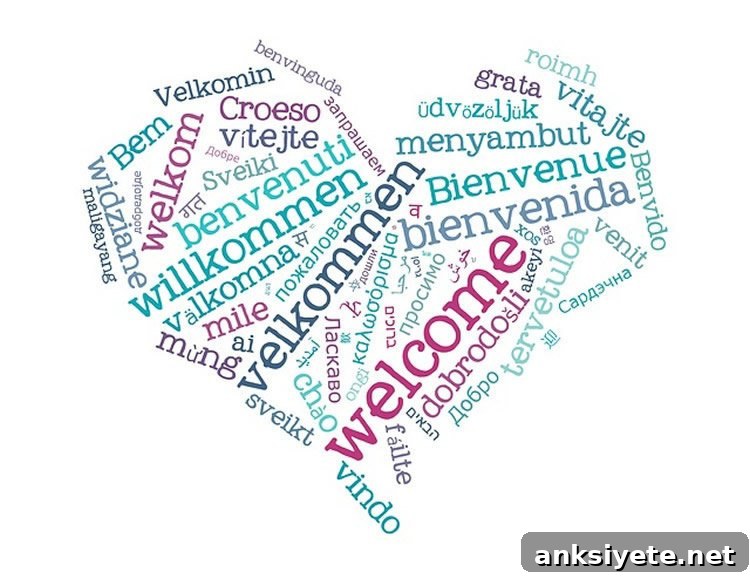 Image shows heart made up of words in different languages.