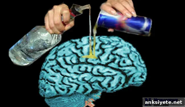 Image of energy drink and alcohol bottle pouring onto a brain.