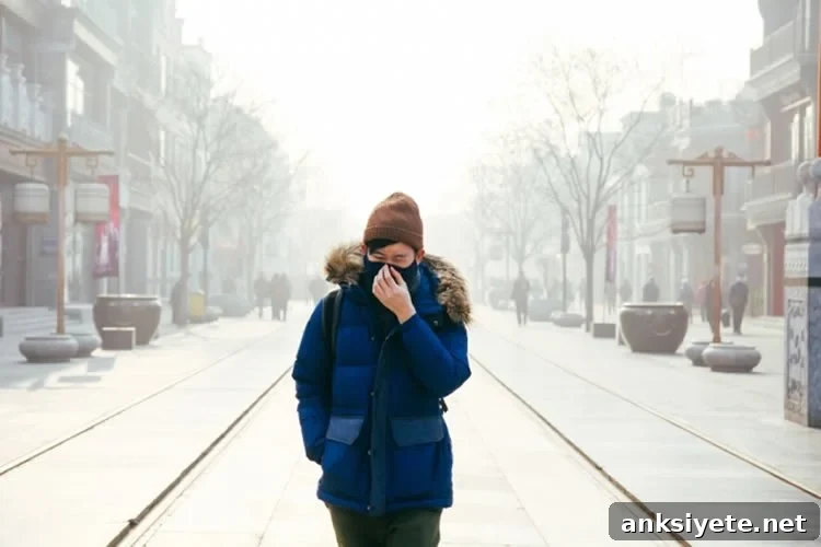 a person walking in smog