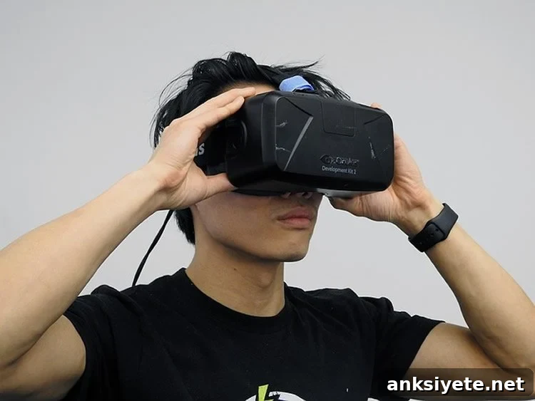 This shows a person in virtual reality glasses