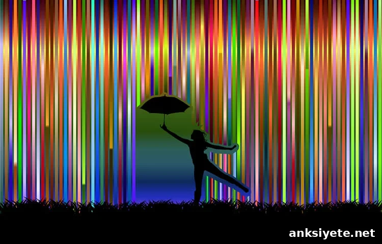 A person dancing through a rainbow with an umbrella