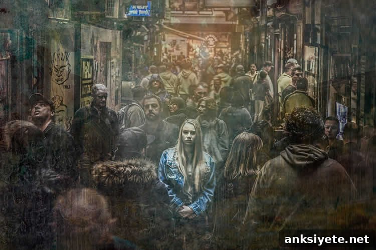 This shows a sad woman standing in a crowd