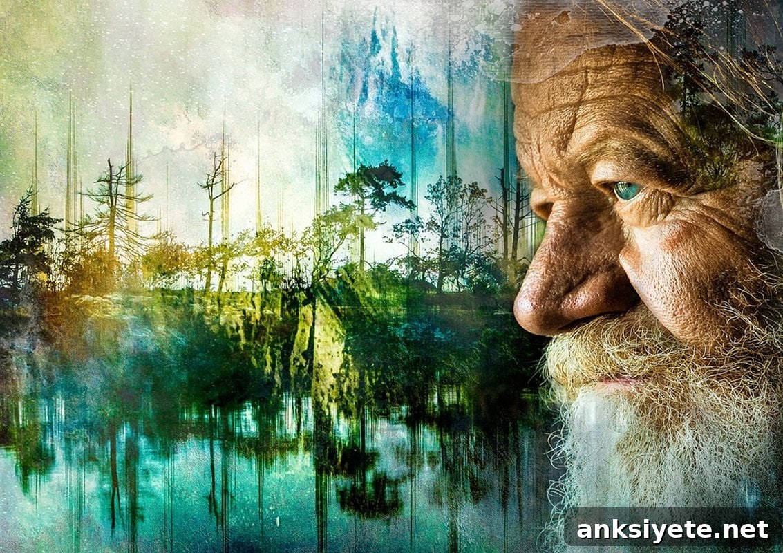 This shows an old man against a trippy background